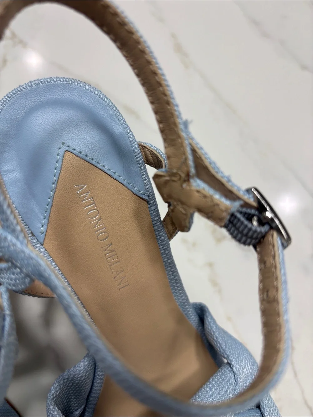 ANTONIO MELANI Light Blue Knotted Platform Block Heel Sandals
